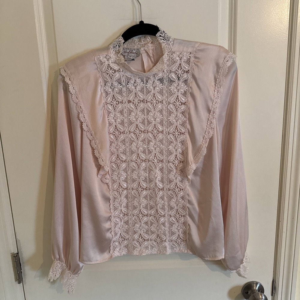 VTG Sonya Ratay San Andre Blouse High Neck Lace Ivory 80's 6 Ruffled Victorian